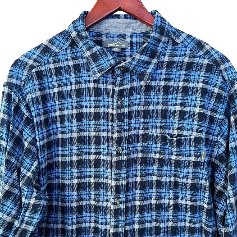 Eddie Bauer Flannel Shirt Mens XXL Blue Plaid Long Sleeve Camp Workwear Button